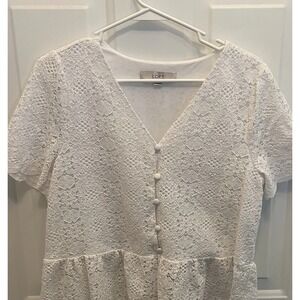 Loft White Lace Peplum Button Top Shirt Blouse‎ Cottage Coquette Womens M V Neck